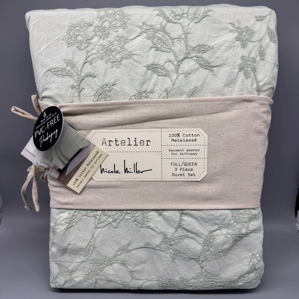 3pc Nicole Miller Artelier Lt Sage Queen Duvet Cover Sham Set Matelasse Cotton